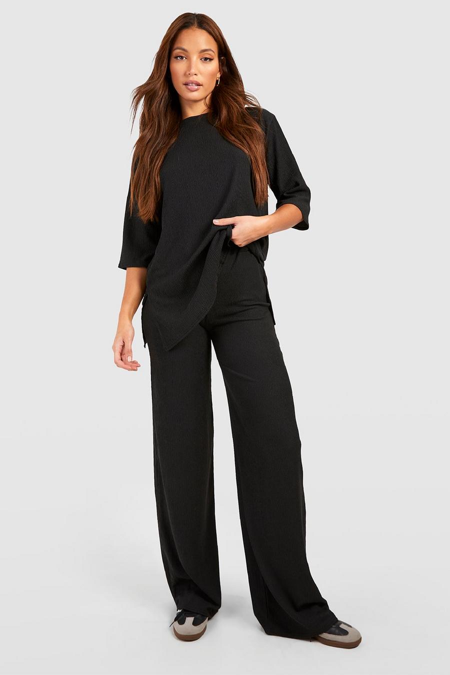 Black Tall Textured High Waisted Wide Leg Trouser image number 1