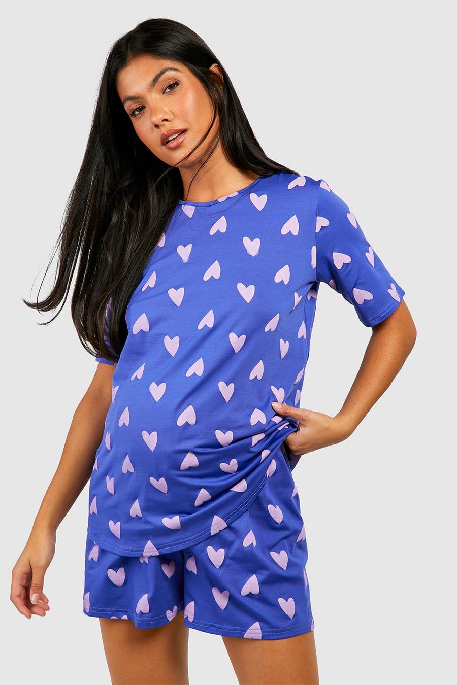 Set pigiama corto Premaman con stampa di cuori, Navy blu oltremare