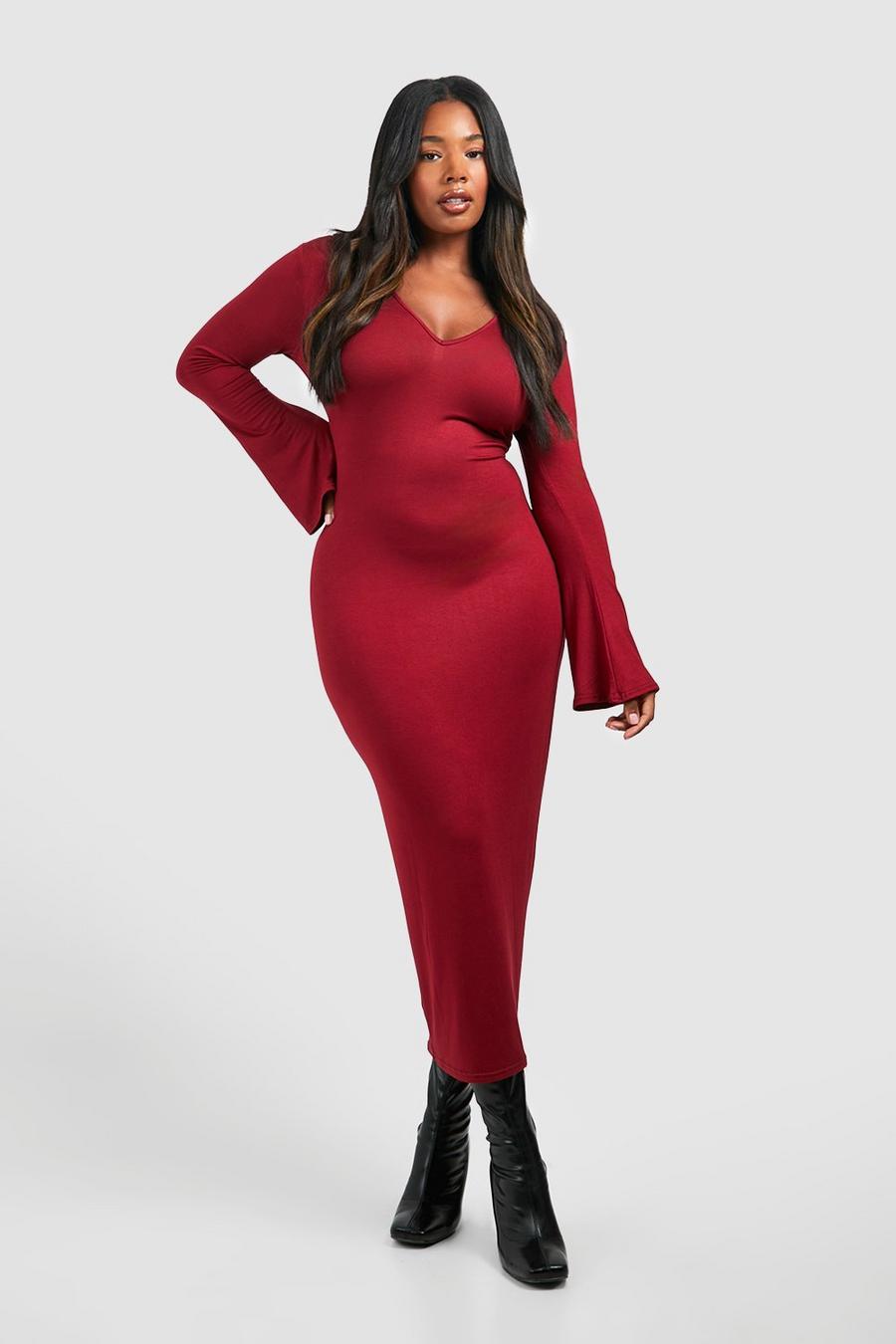 Berry red Plus Plunge Flare Sleeve Midaxi Dress