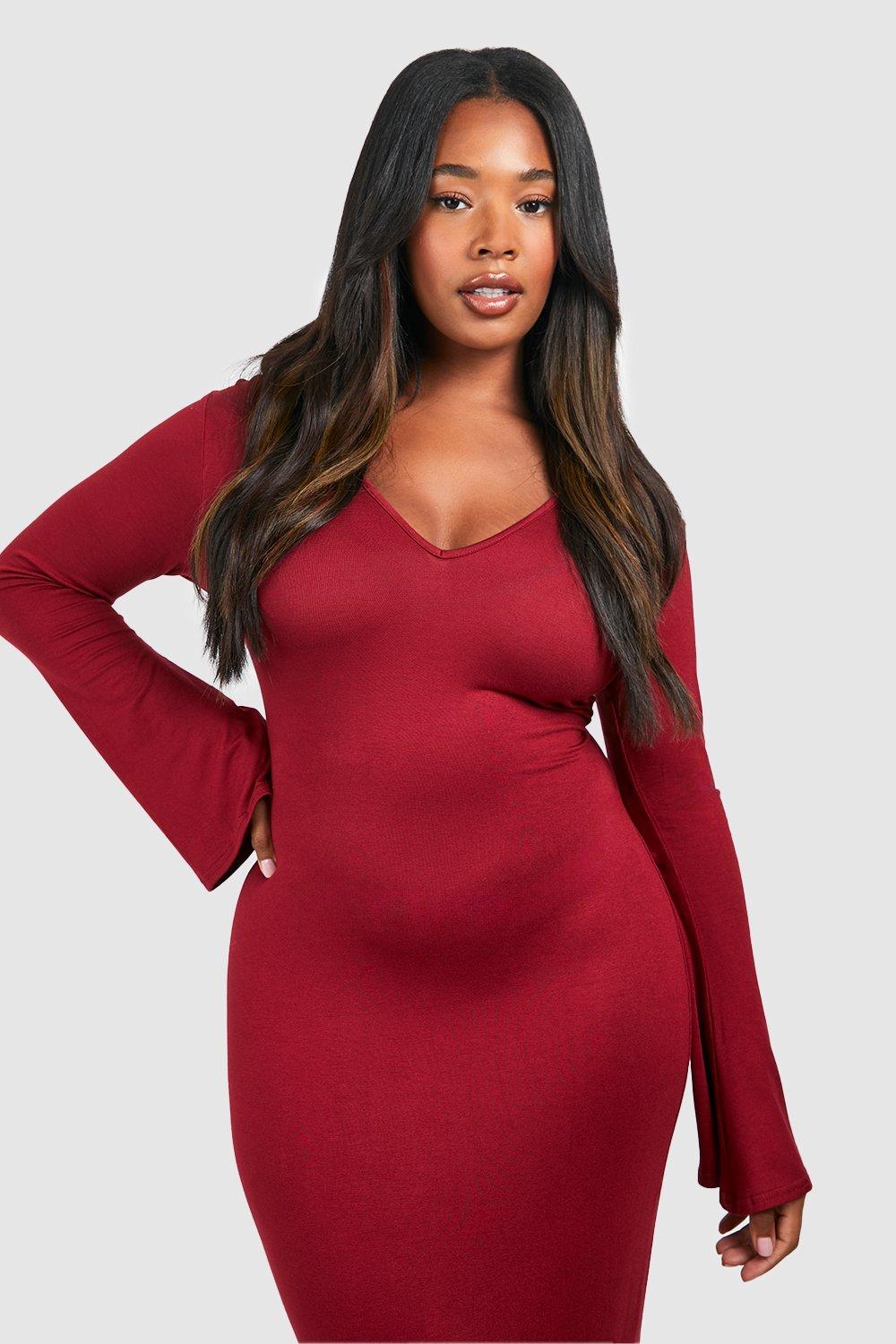 Plus Plunge Flare Sleeve Midi Dress