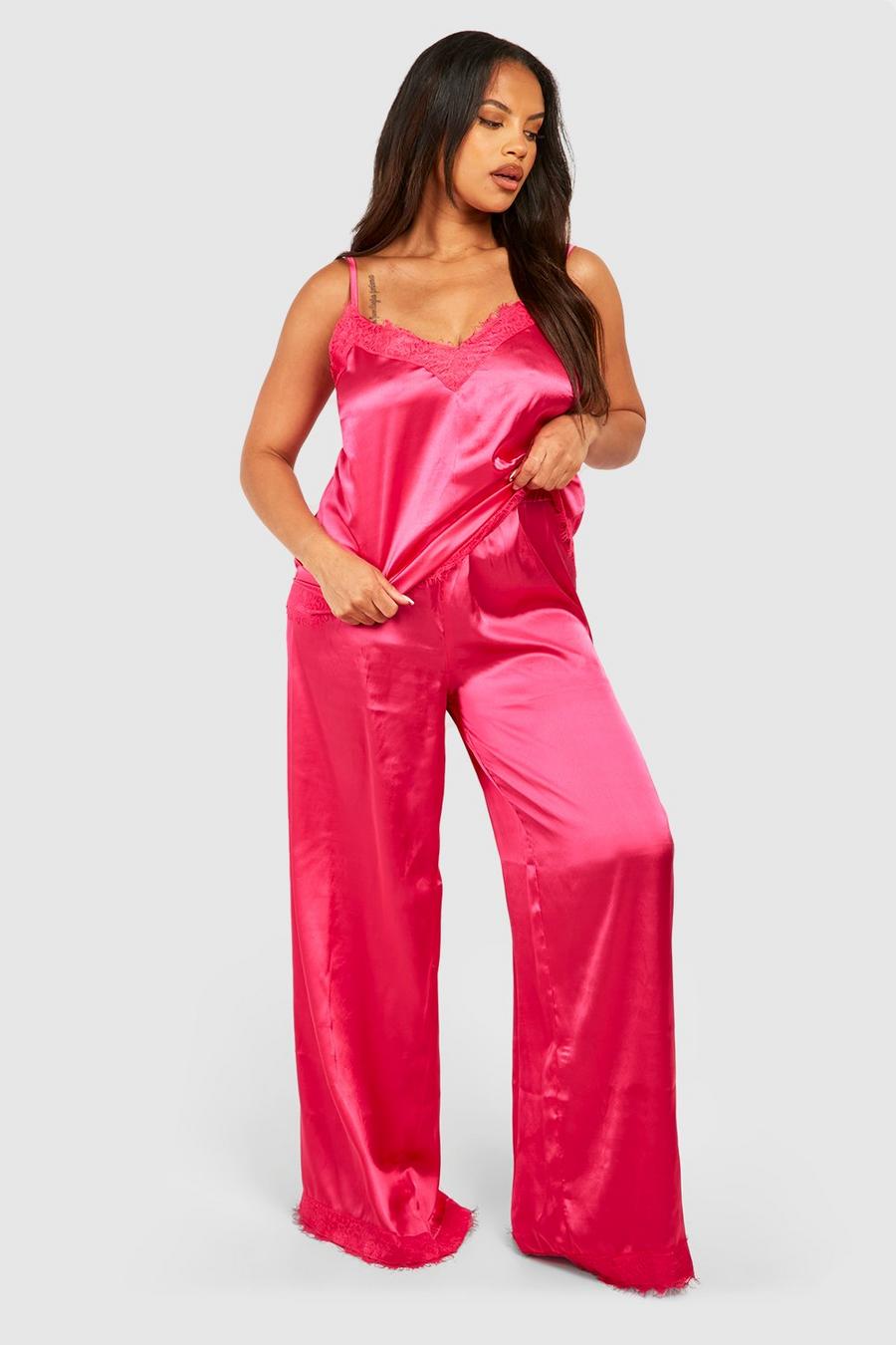 Fuchsia pink Plus Satijnen Kanten Pyjama Set Met Broek En Contrasterende Zoom