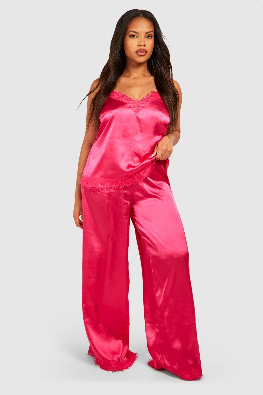 Plus Satin Lace Contrast Trim Pj Trouser Set