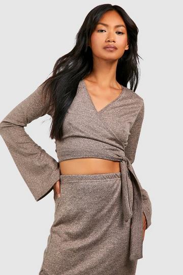 Super Soft Marl Flared Sleeve Wrap Top desert sand