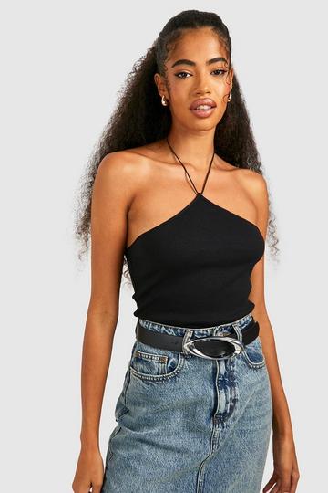 Basic Rib Strappy Halter Neck Vest black