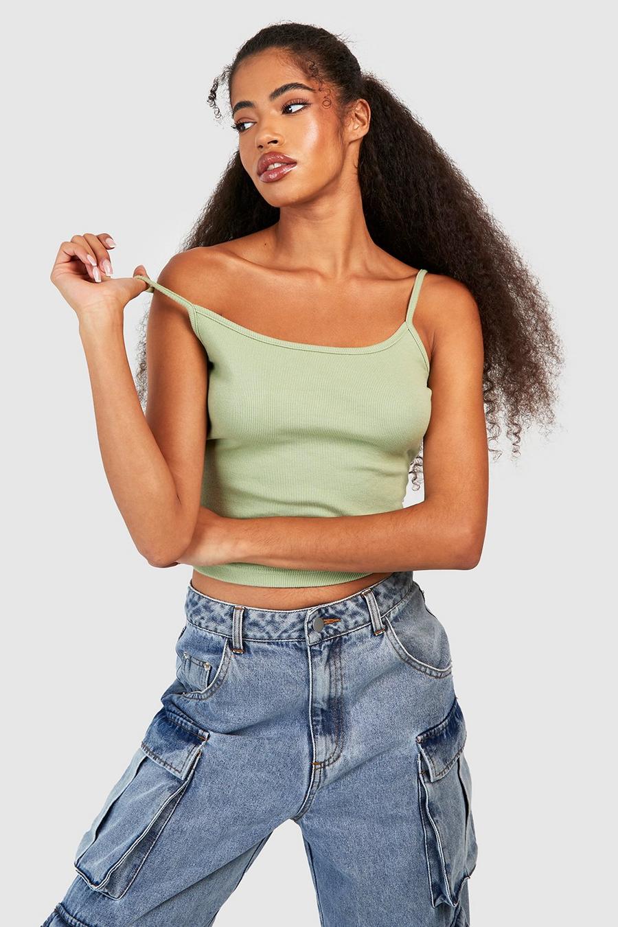 Olive Basic Rib Strappy Scoop Neck Tank Top image number 1