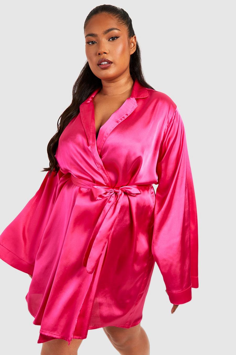 Fuchsia pink Plus Satin Belted Long Sleeve Kimono Robe