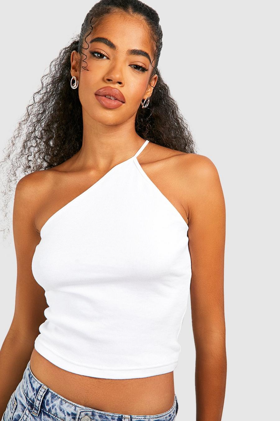 White Basic Rib One Shoulder Strappy Tank Top image number 1
