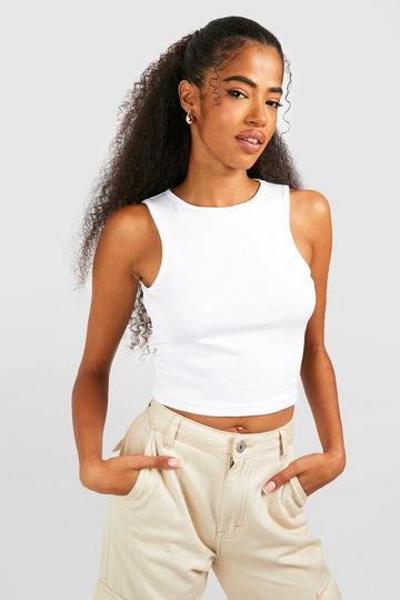 White Basic Rib Racer Neck Tank Top