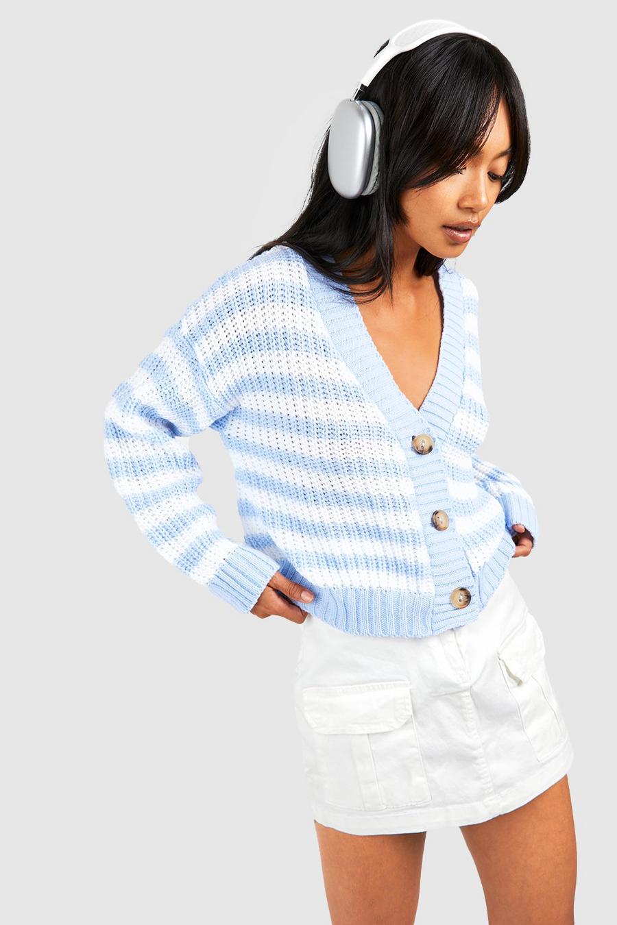 Blue Skinny Stripe Button Through Crop Cardigan