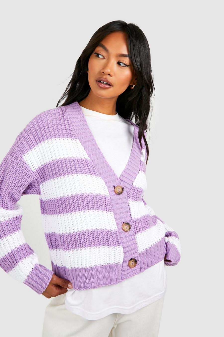 Lilac Stripe Button Through Crop Cardigan