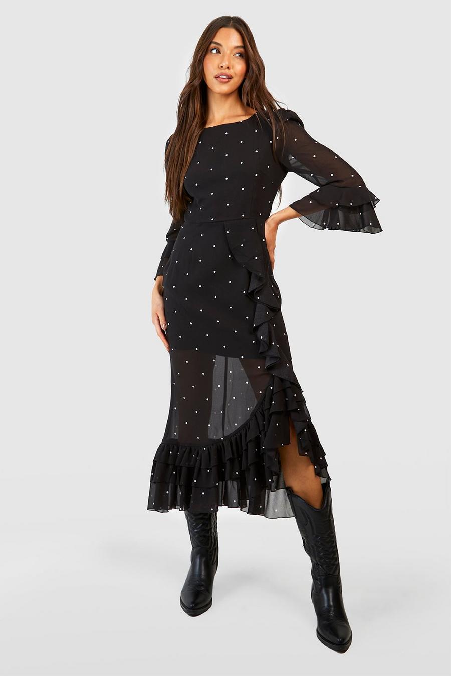 Black Polka Dot Chiffon Ruffle Midaxi Dress