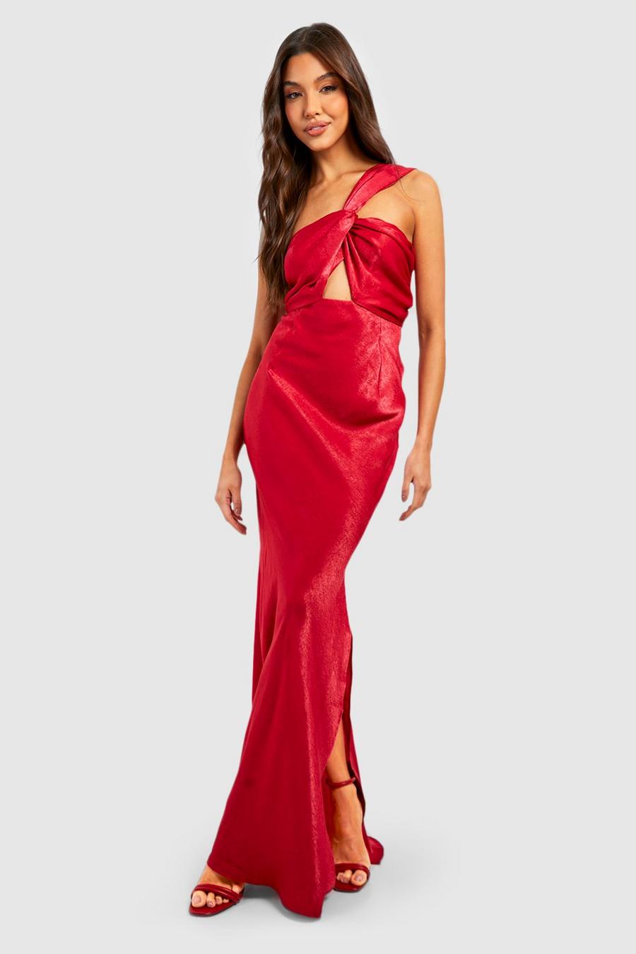 Red Satin Twist Asymmetric Maxi Dress
