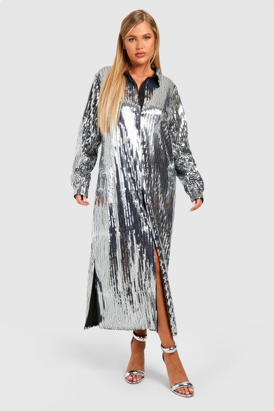 Silver Plus Sequin Midaxi Shirt Dress