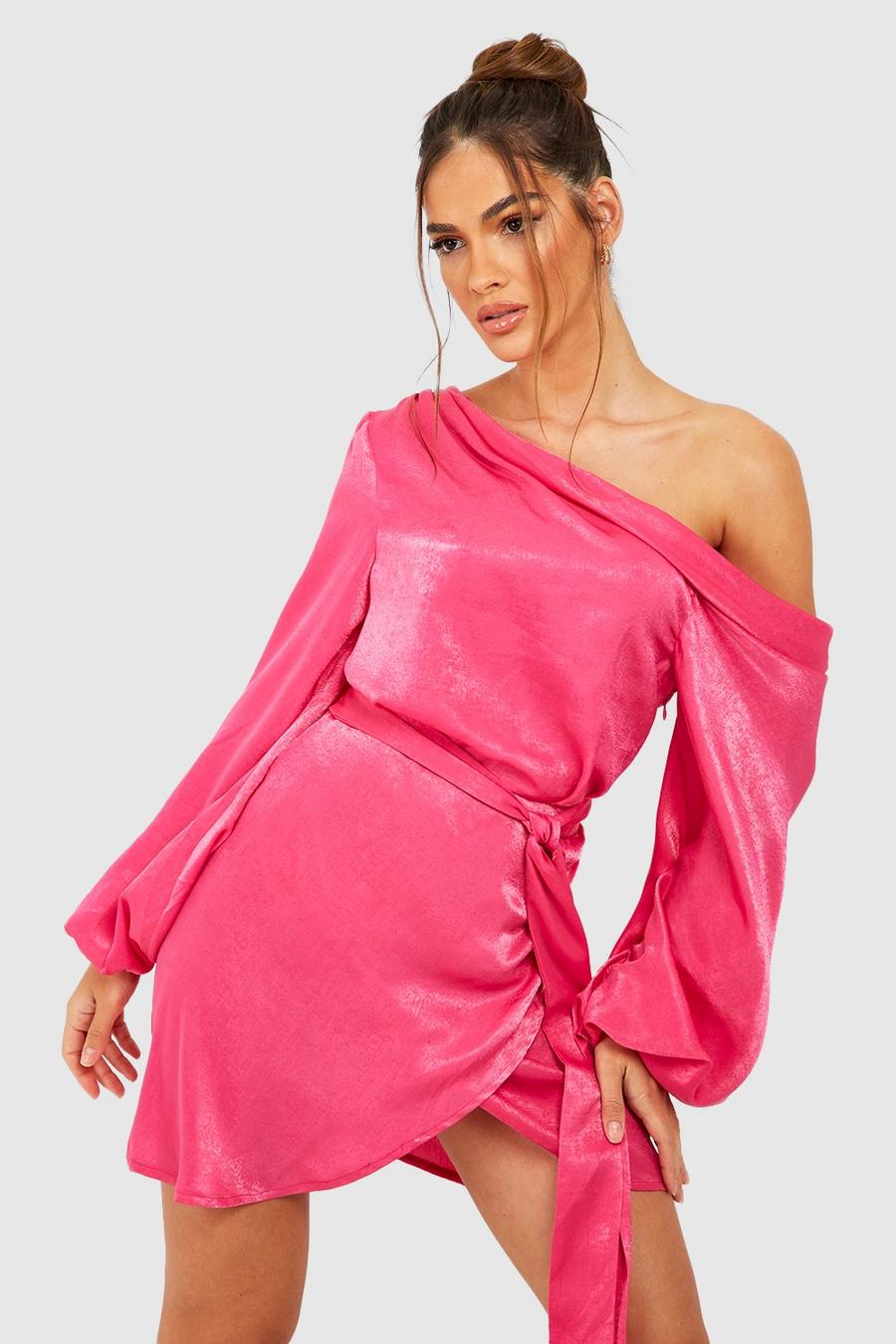 Hot pink rosa Satin Draped One Shoulder Mini Dress