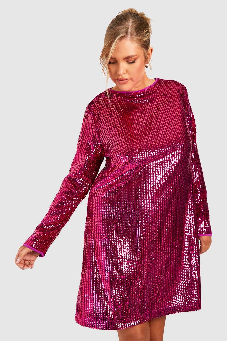 Hot pink Plus Matte Sequin Long Sleeve Shift Dress image number 1