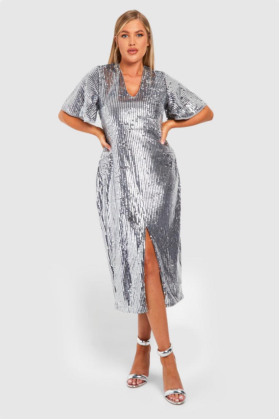 Vestito midi Plus Size con paillettes effetto opaco e maniche ad angelo, Silver image number 1