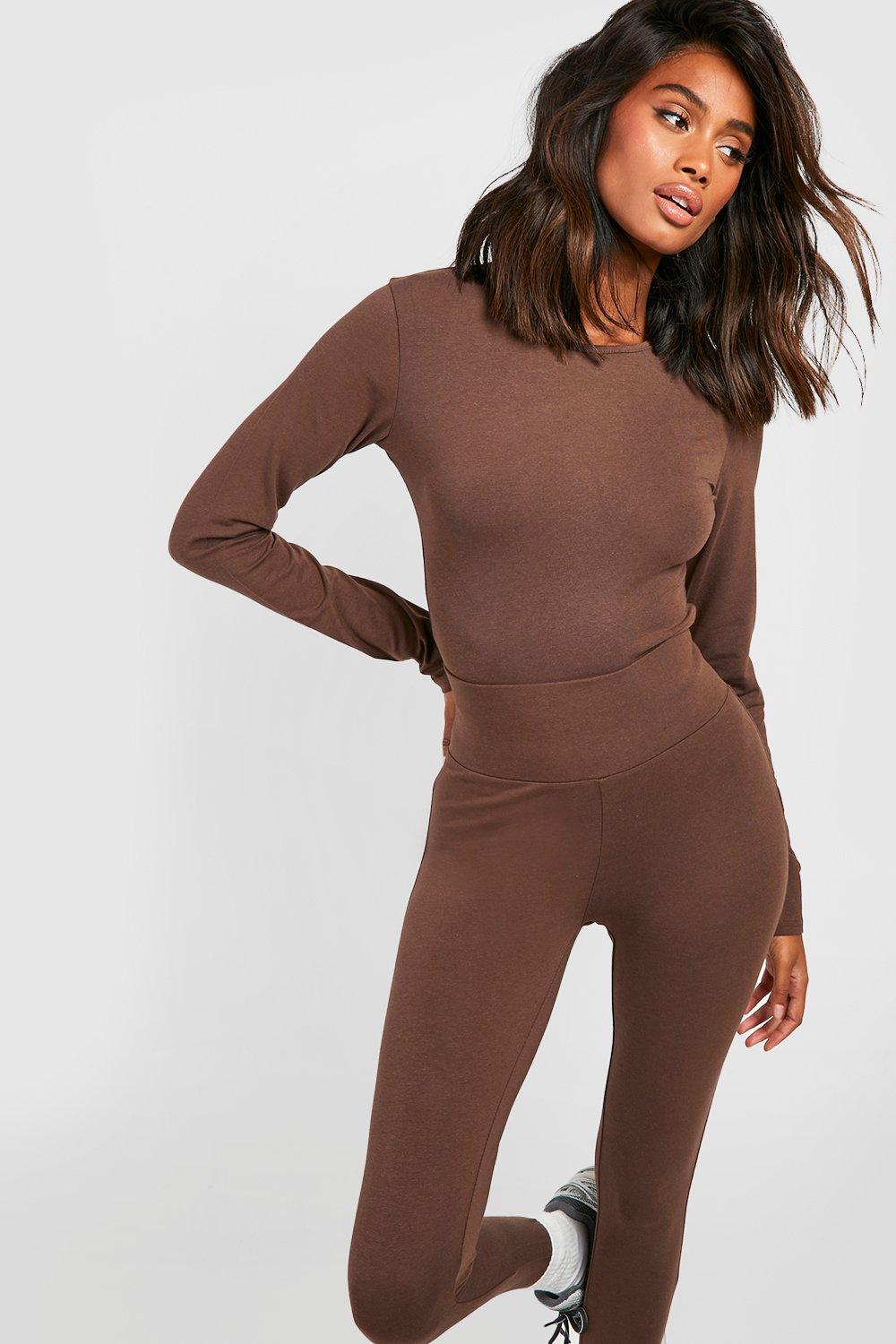  Bodysuit For Women Casual Round Neck Long Sleeve Stretch  Tops Jumpsuit Stone Brown XL