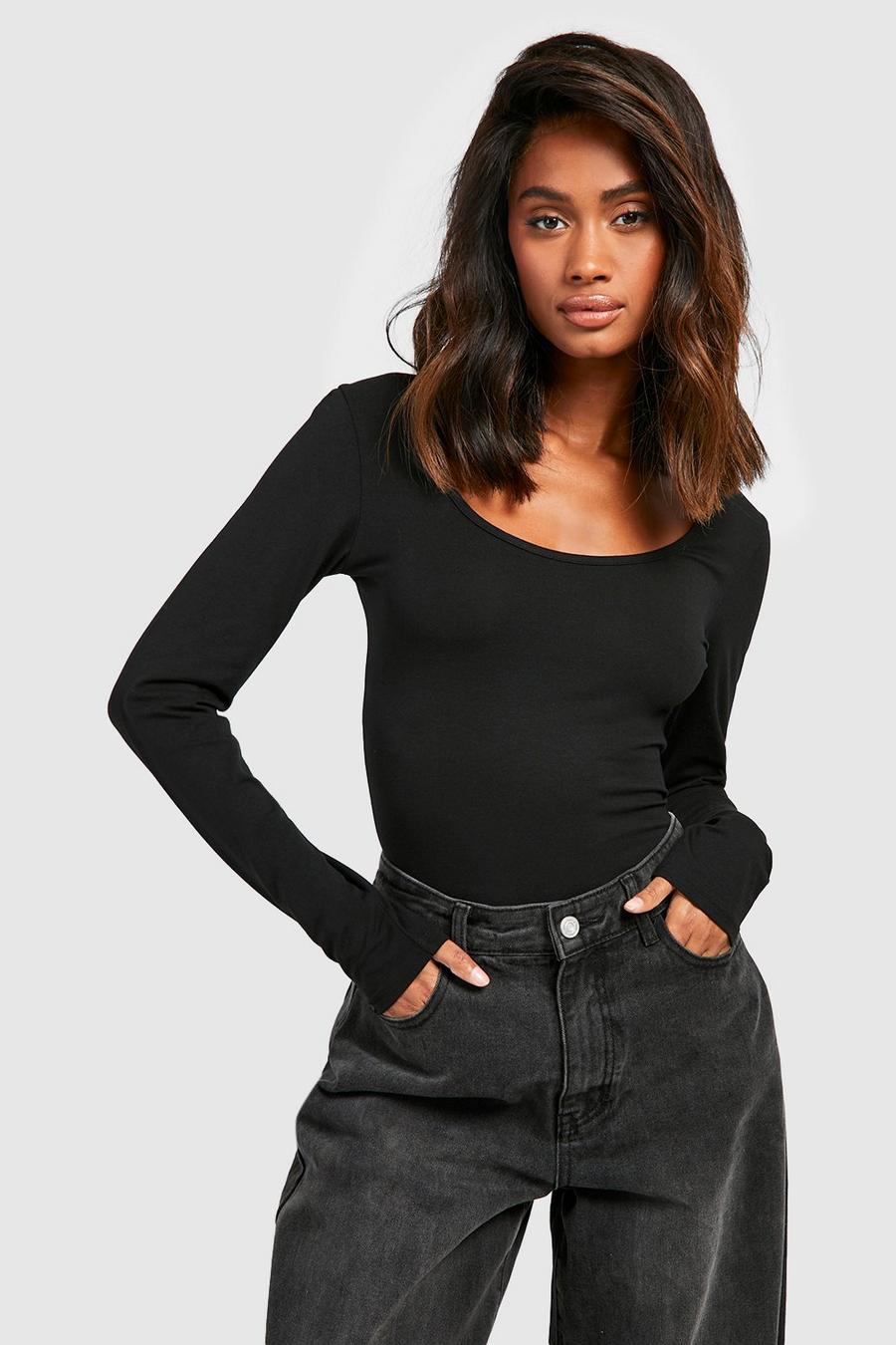 Women's Black Premium Super Soft Scoop Neck Long Sleeve Bodysuit ...