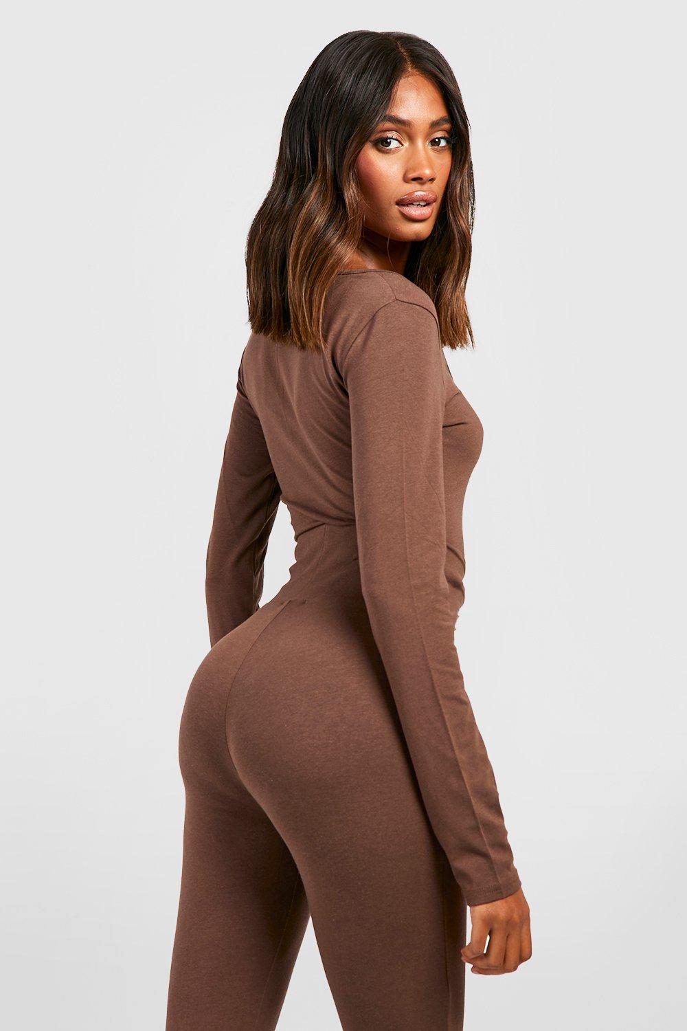 JIUKE Black and Friday Shapewear Bodysuit Womens Scoop Neck Long Sleeve Top  Bodysuits Sexy Backless Ribbed Body Suits Jumpsuit,Brown XXL