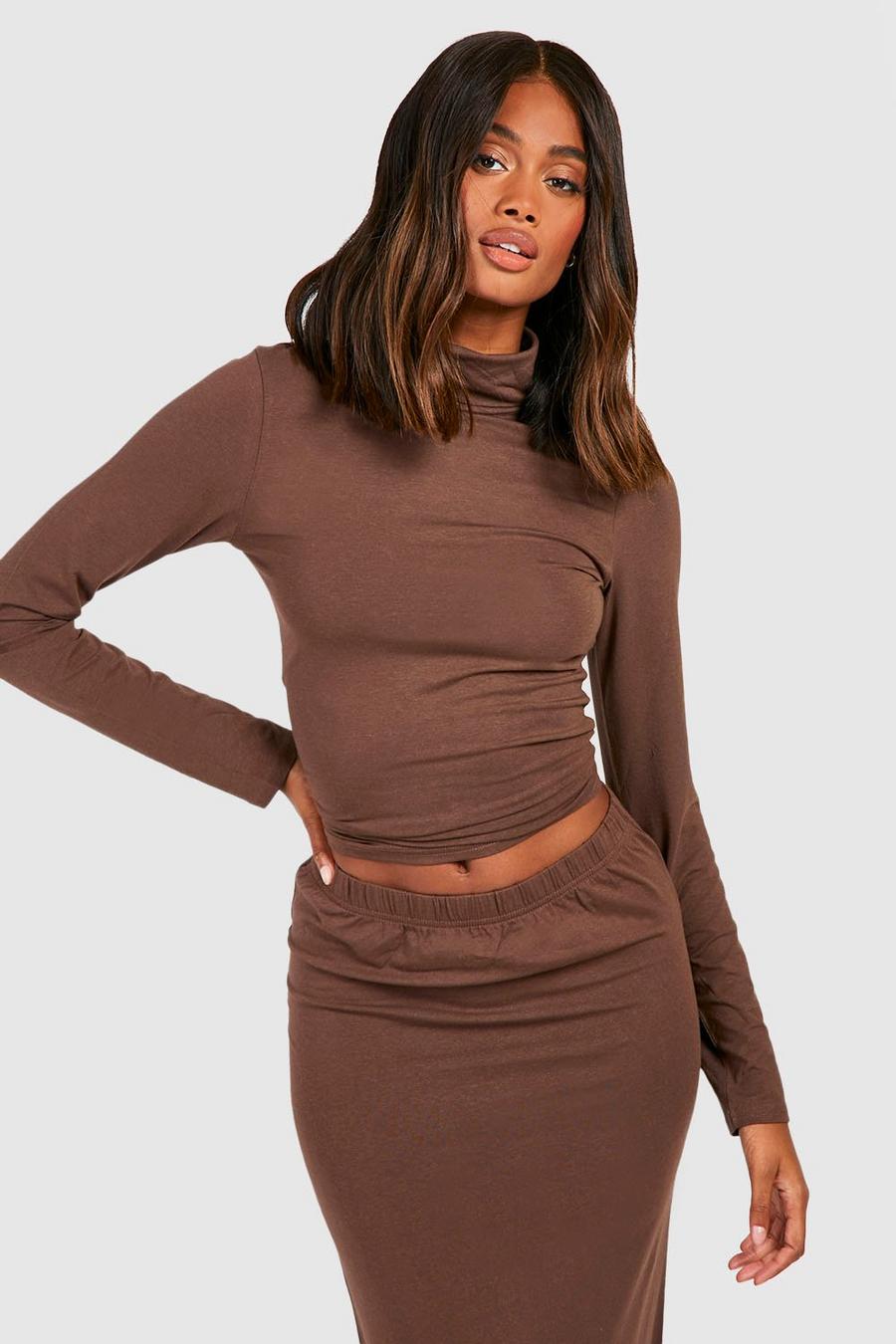 Chocolate Premium Super Soft Roll Neck Long Sleeve Top  image number 1