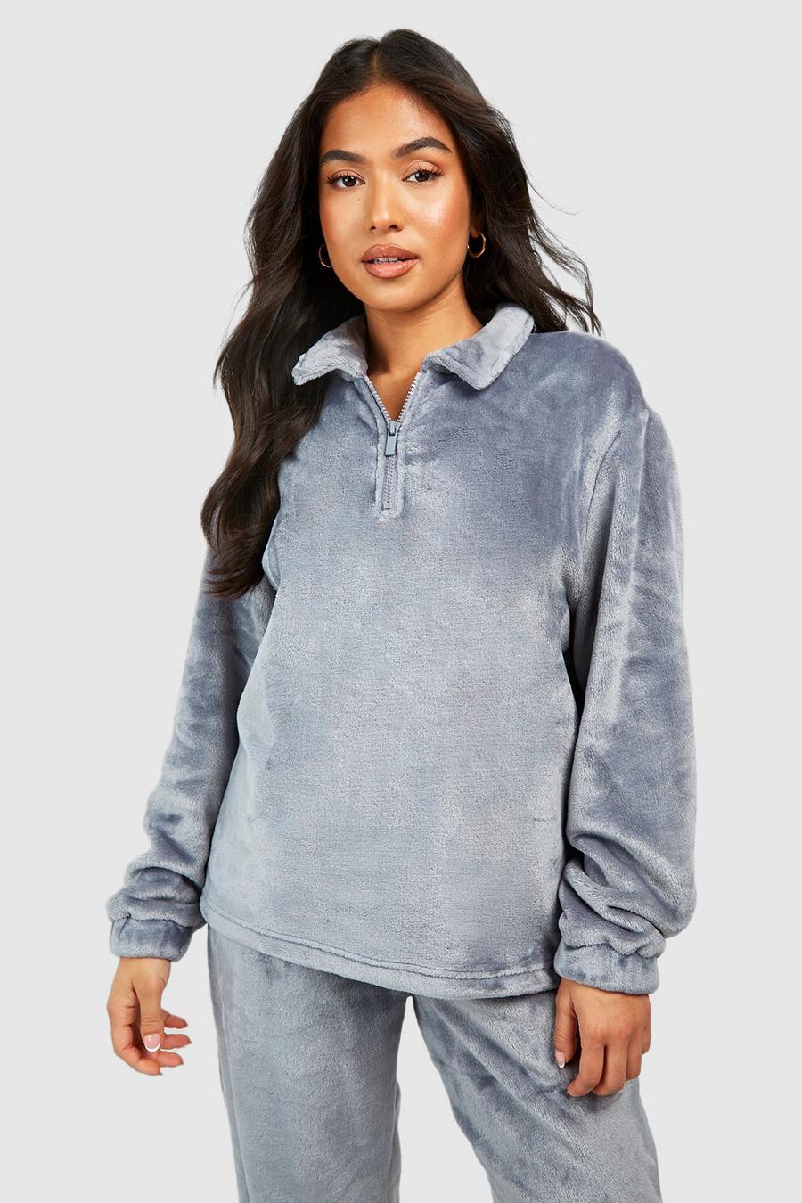 Grey Petite Fleece Zip Detail Sweatshirt  image number 1