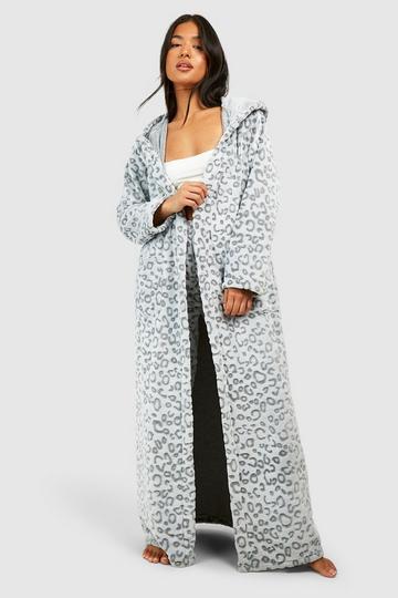 Petite Fleece Luipaardprint Ochtendjas grey