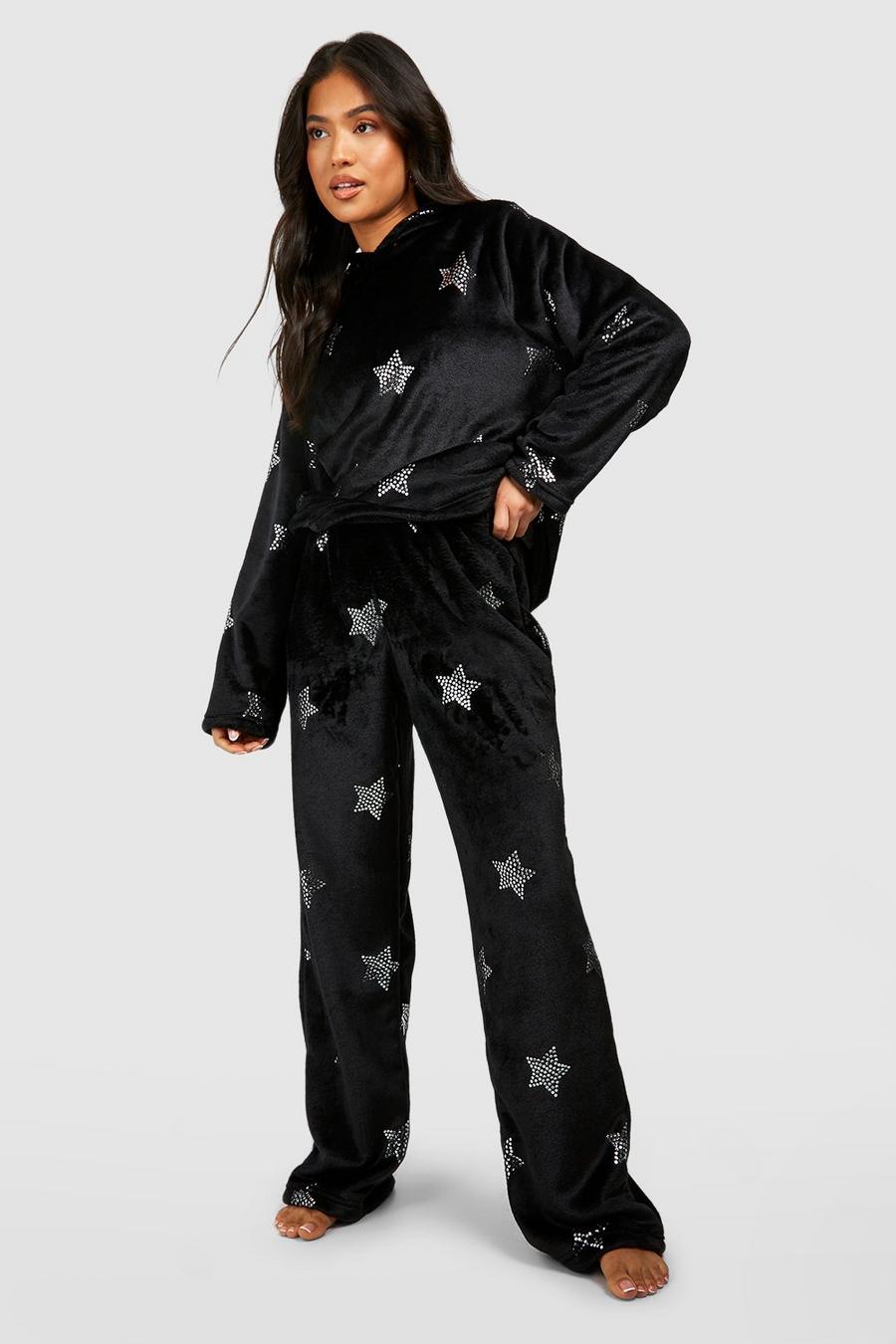 Pantalón deportivo Petite de forro polar con estampado de estrellas, Black