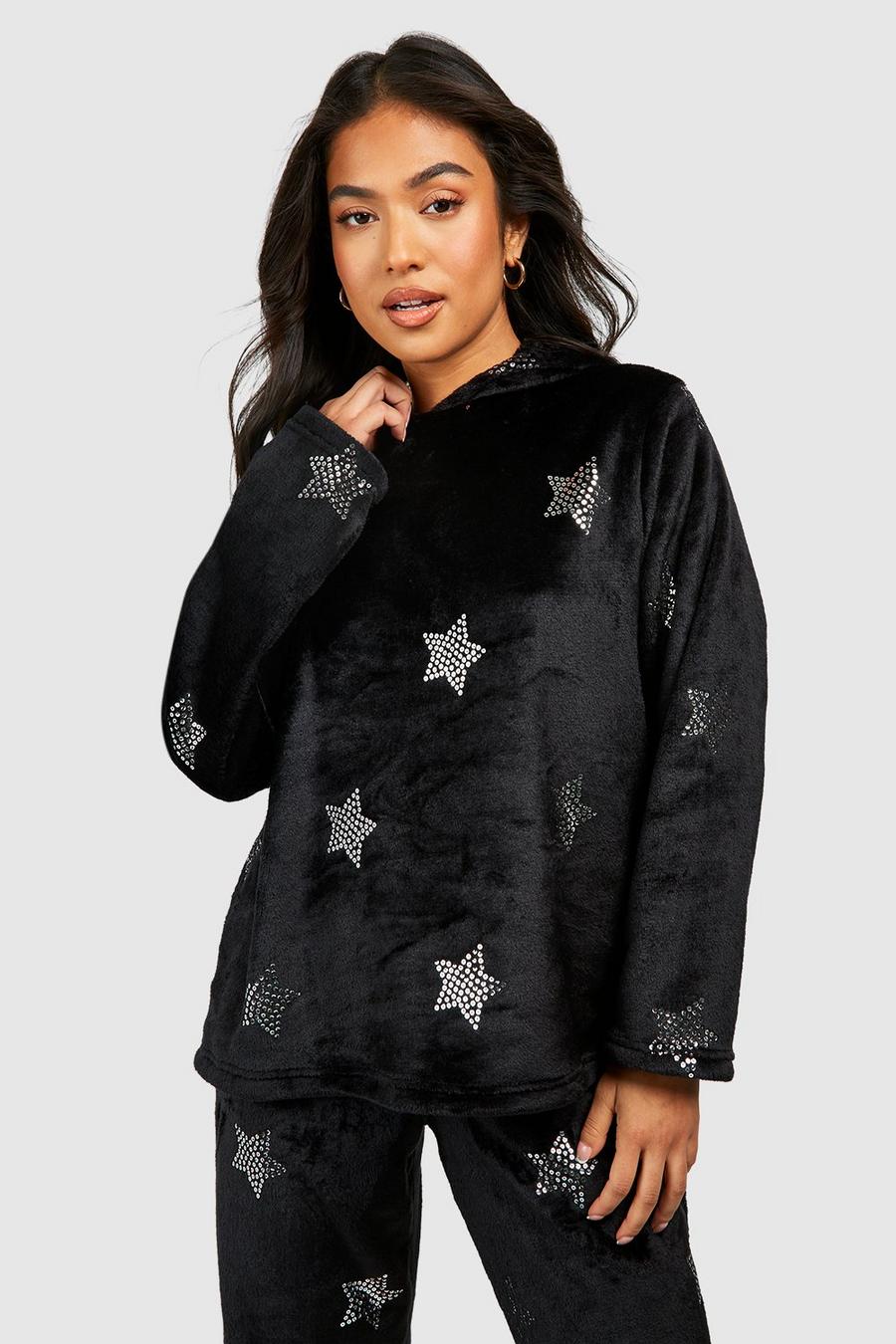 Black Petite Sweatshirt i fleece med stjärnor image number 1
