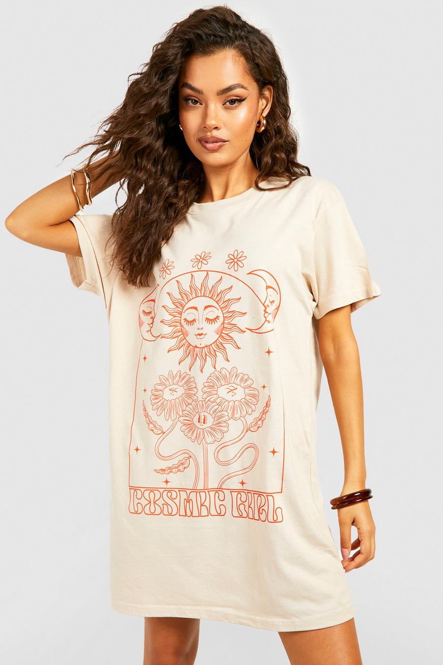 Vestito T-shirt oversize con scritta Celestial Girl, Sand image number 1