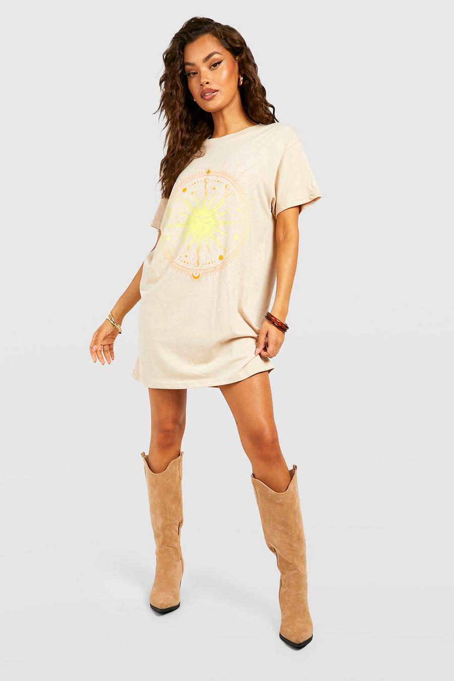 Oversize T-Shirt-Kleid mit Print, Sand beige
