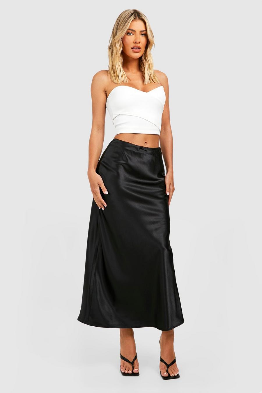 Black Lace Trim Satin Slip Maxi Skirt