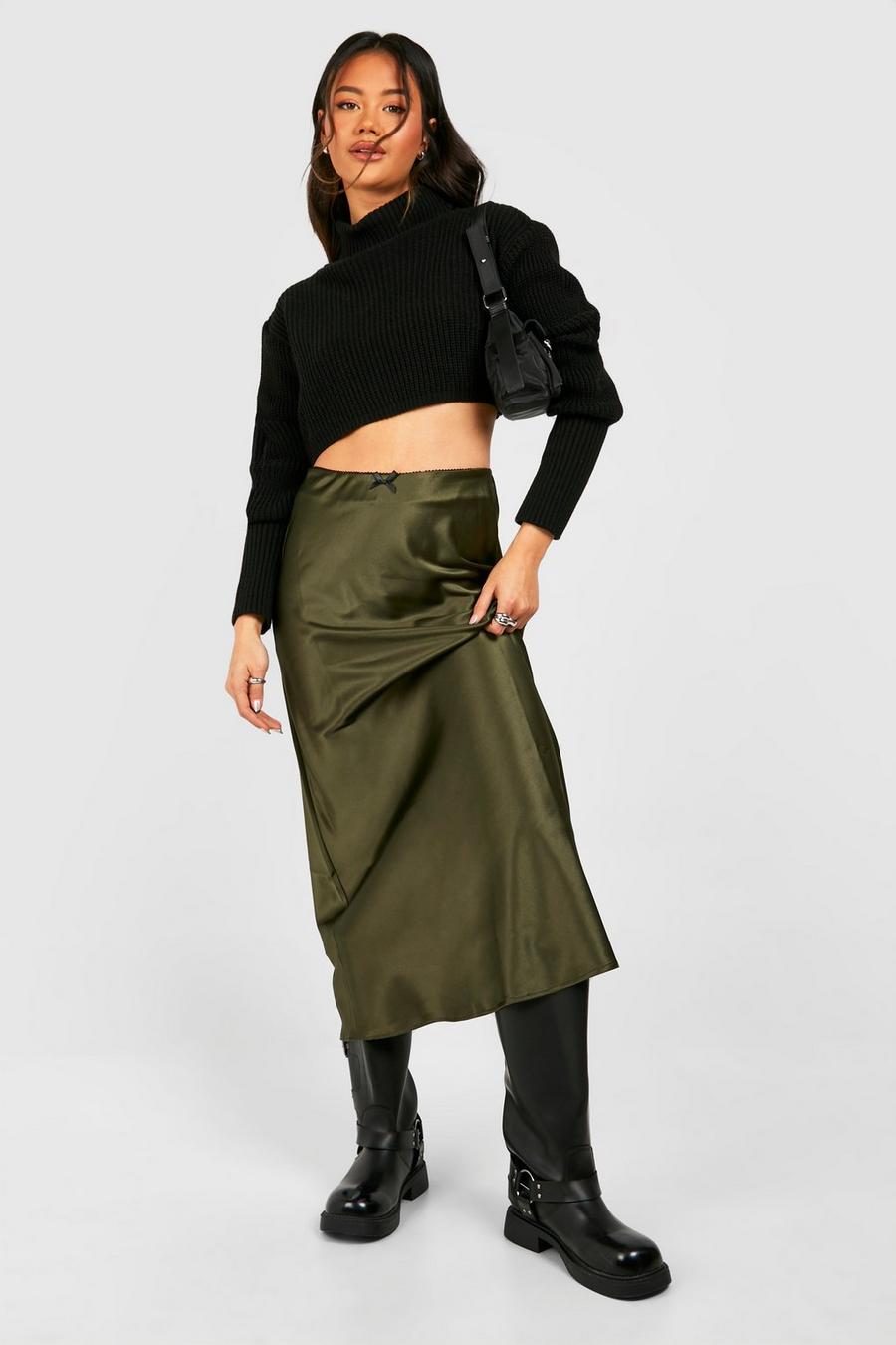 Khaki Lace Trim Satin Slip Maxi Skirt image number 1