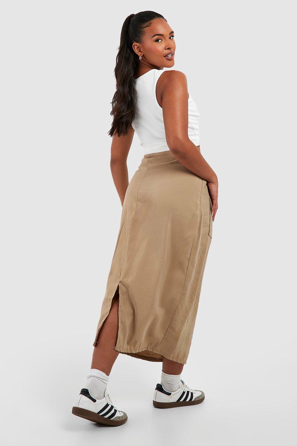 Khaki midi shop skirt with pockets