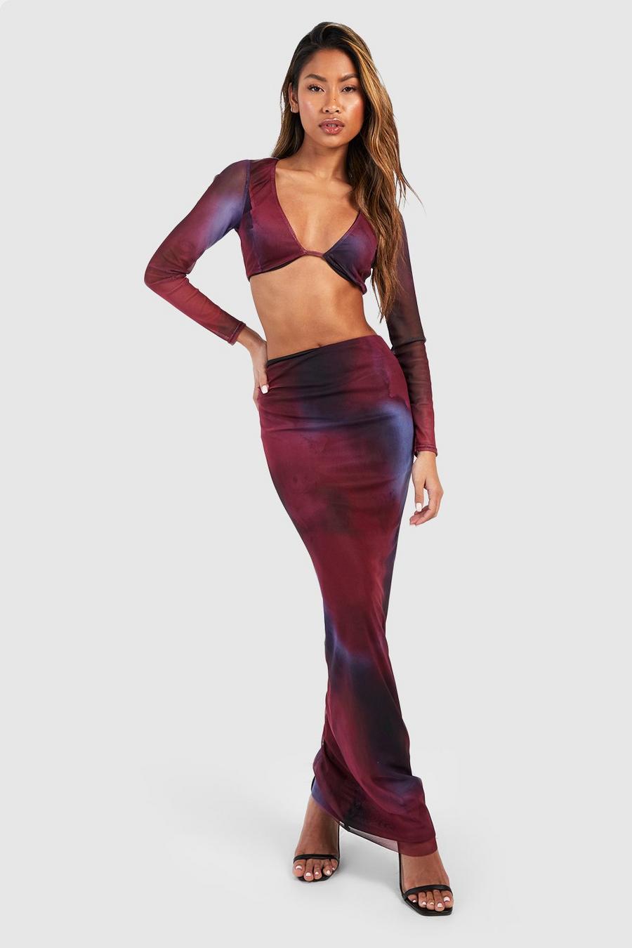 Plum purple Abstract Mesh Bralette & Maxi Skirt