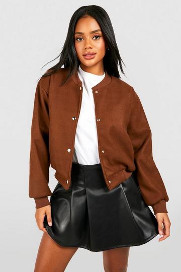 Wool Look Crop Bomber Jacket chocolate