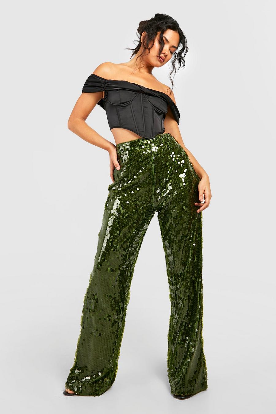 Pantalon large taille haute à paillettes, Green image number 1