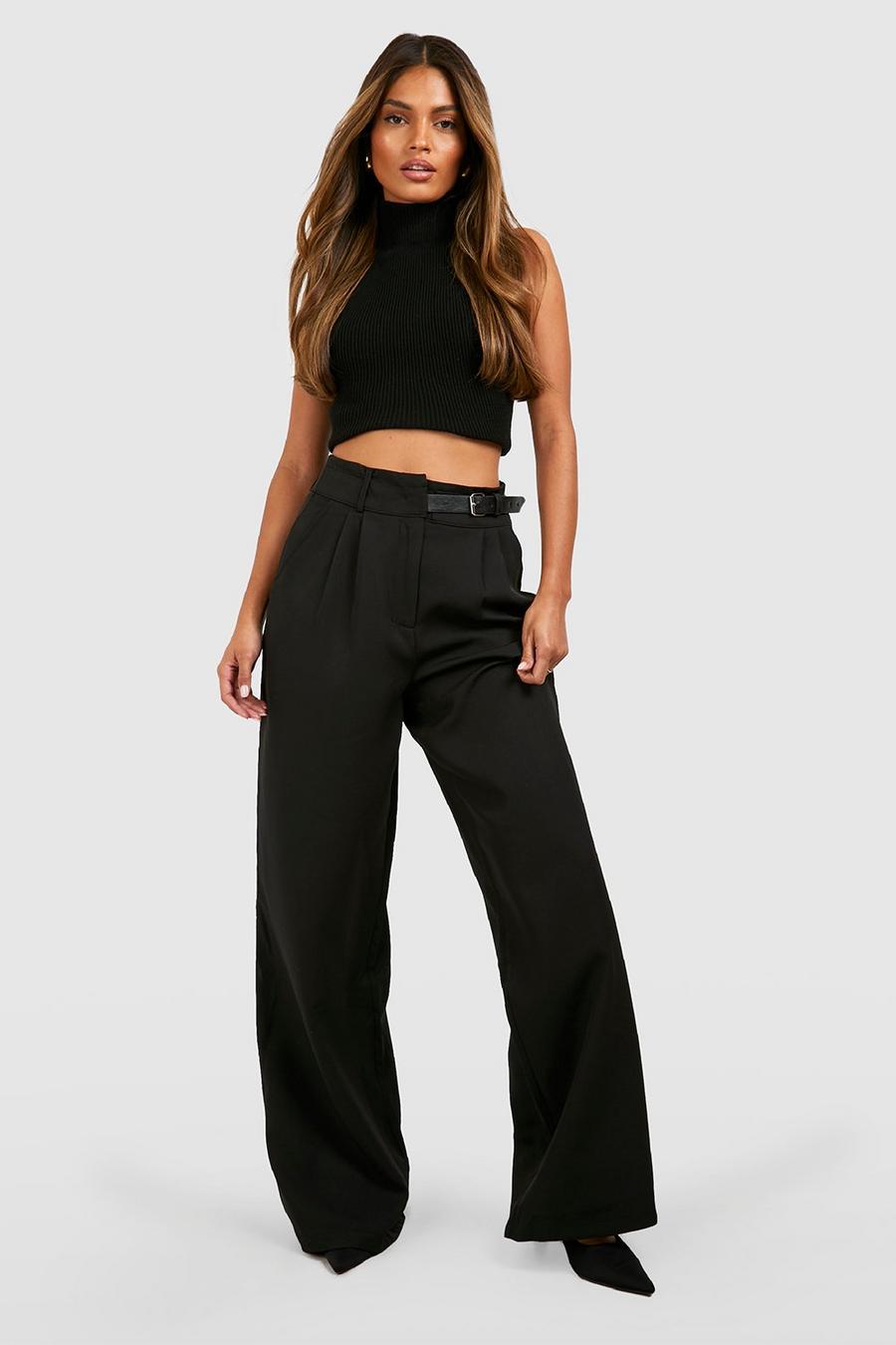Black Belted Detail Pleat Front Tailored Pants image number 1