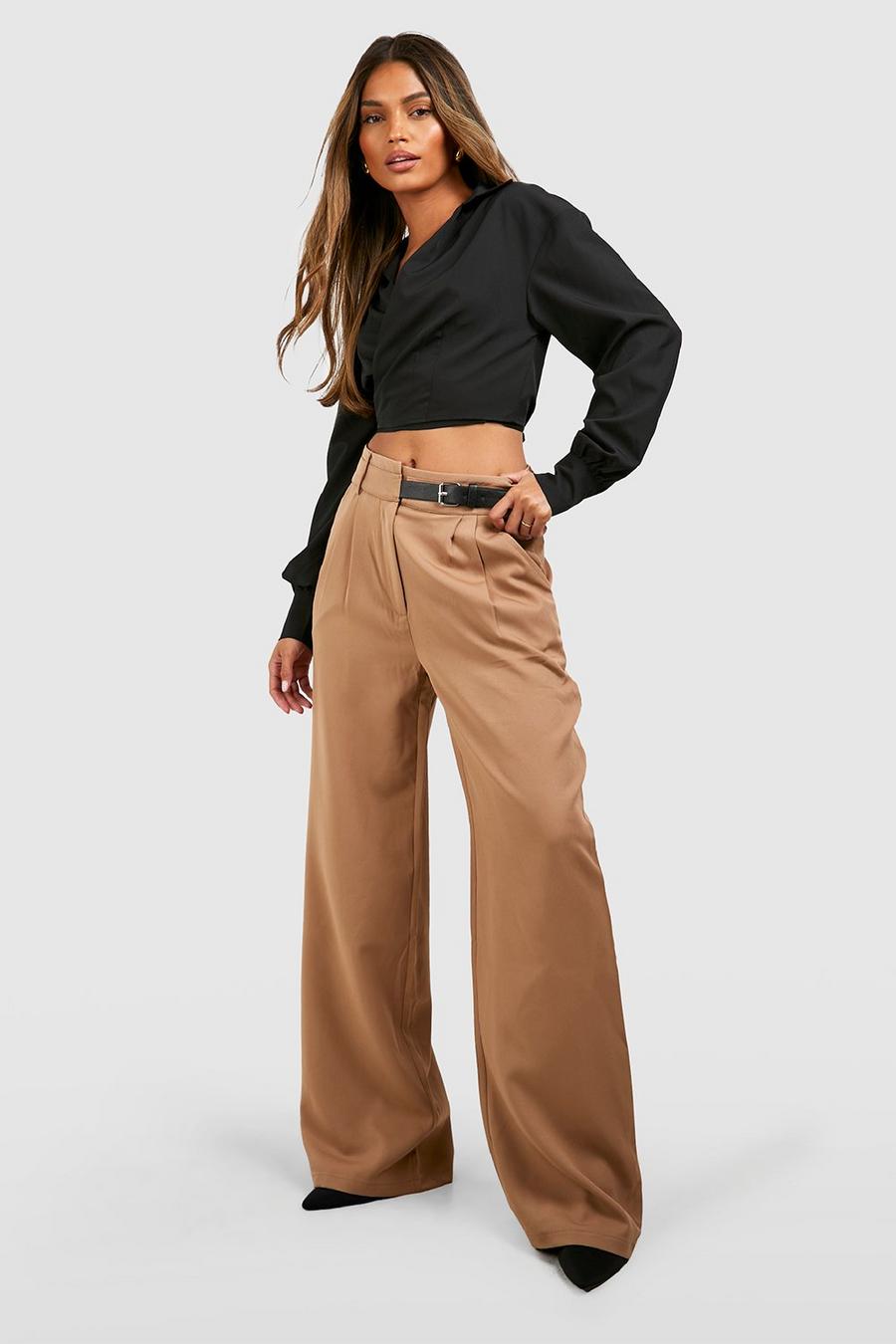 Stone beige Belted Detail Pleat Front Tailored Pants