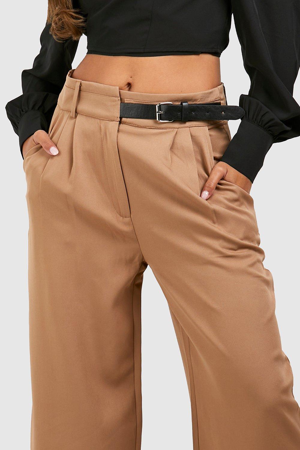 Khaki Belted Pleat Front Women's Trousers