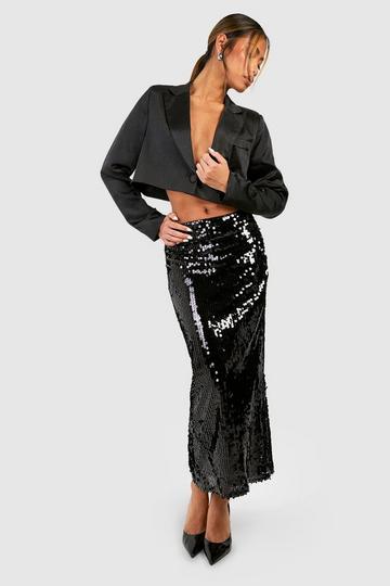 Sheer Sequin Split Back Midi Skirt black