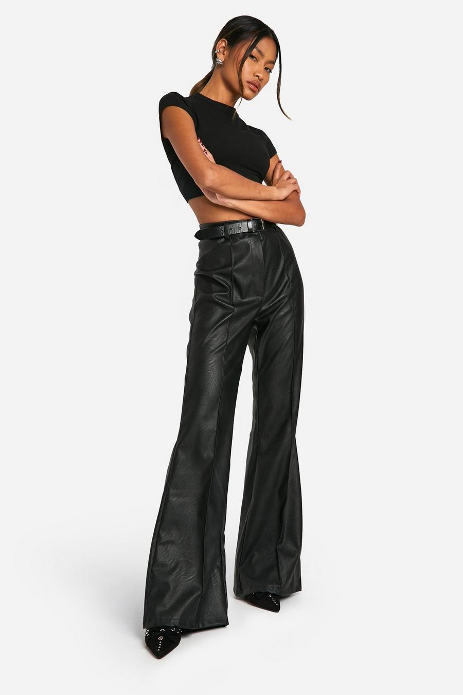 Black Faux Leather High Waisted Seam Front Flared Pants image number 1