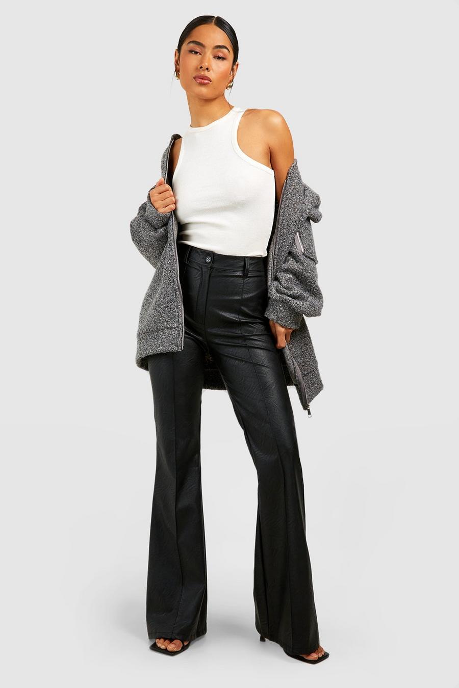 Black Leather Look High Waisted Seam Front Flared Pants image number 1