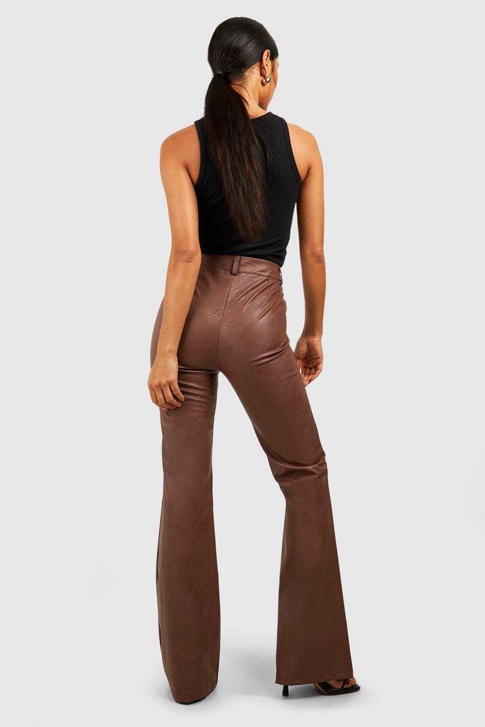 Chocolate Brown Faux Leather Seam Front Flared Pants
