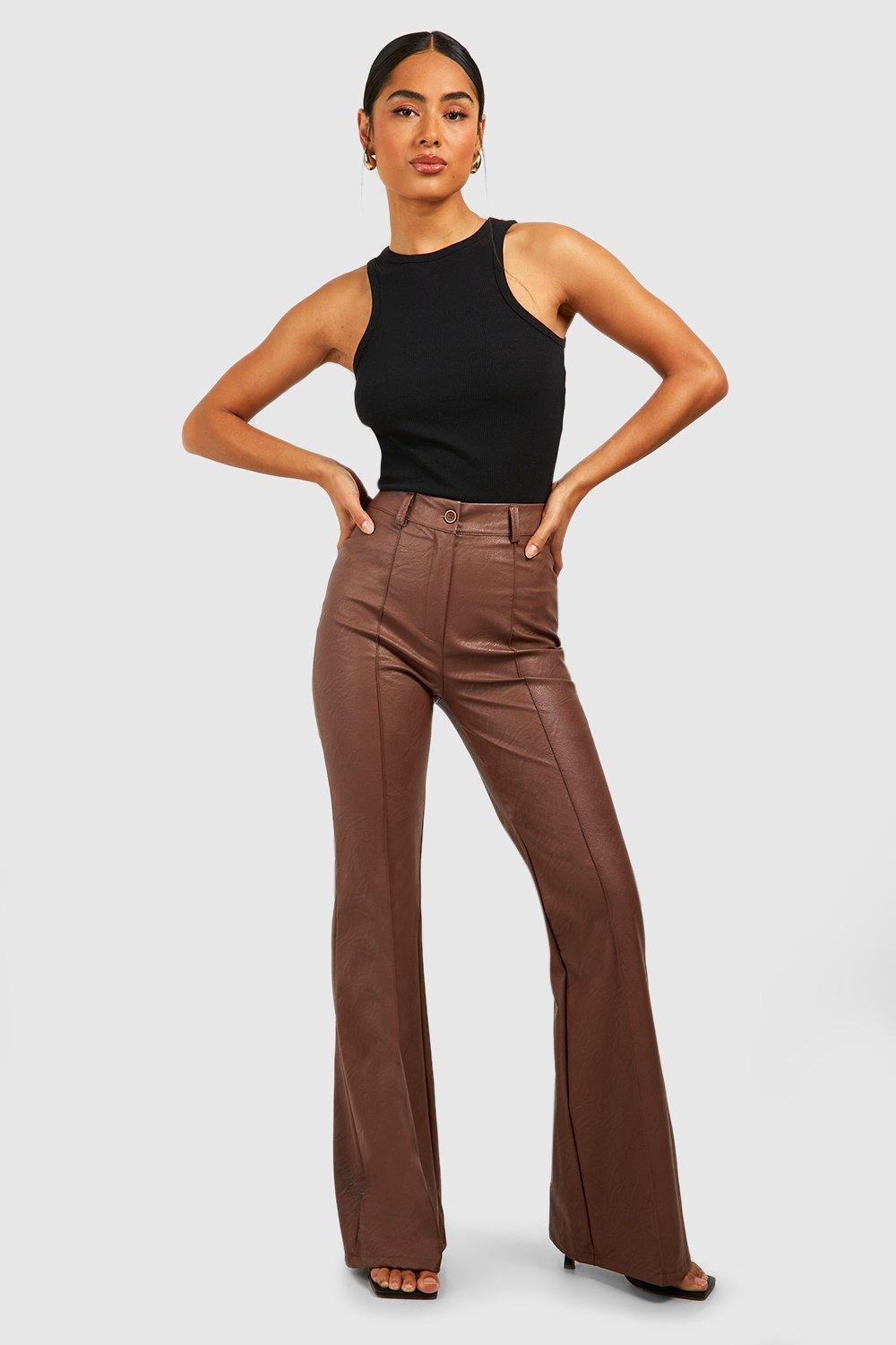 Chocolate Brown Faux Leather Seam Front Flared Pants