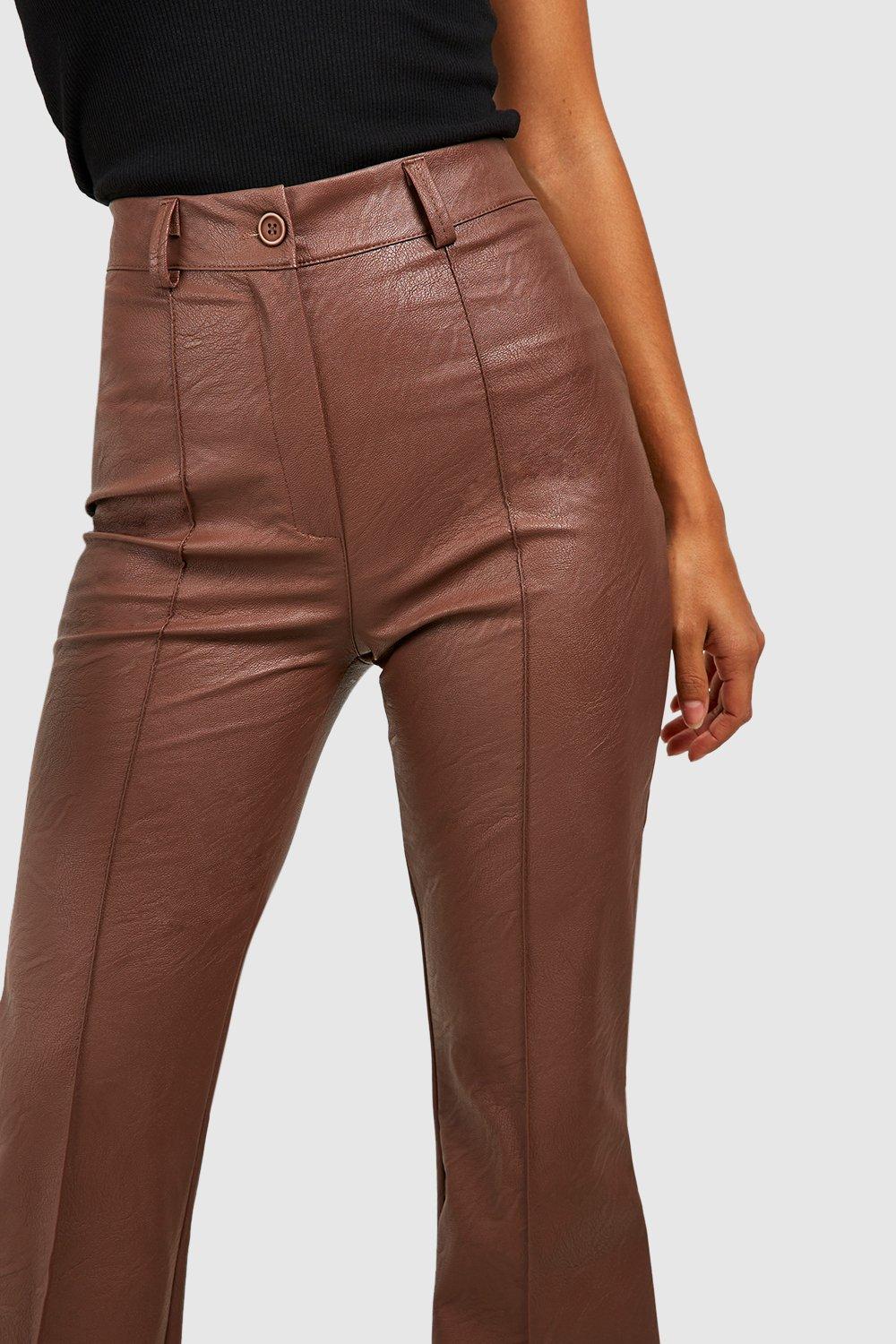 Women's Leather Look High Waisted Seam Front Flared Trousers