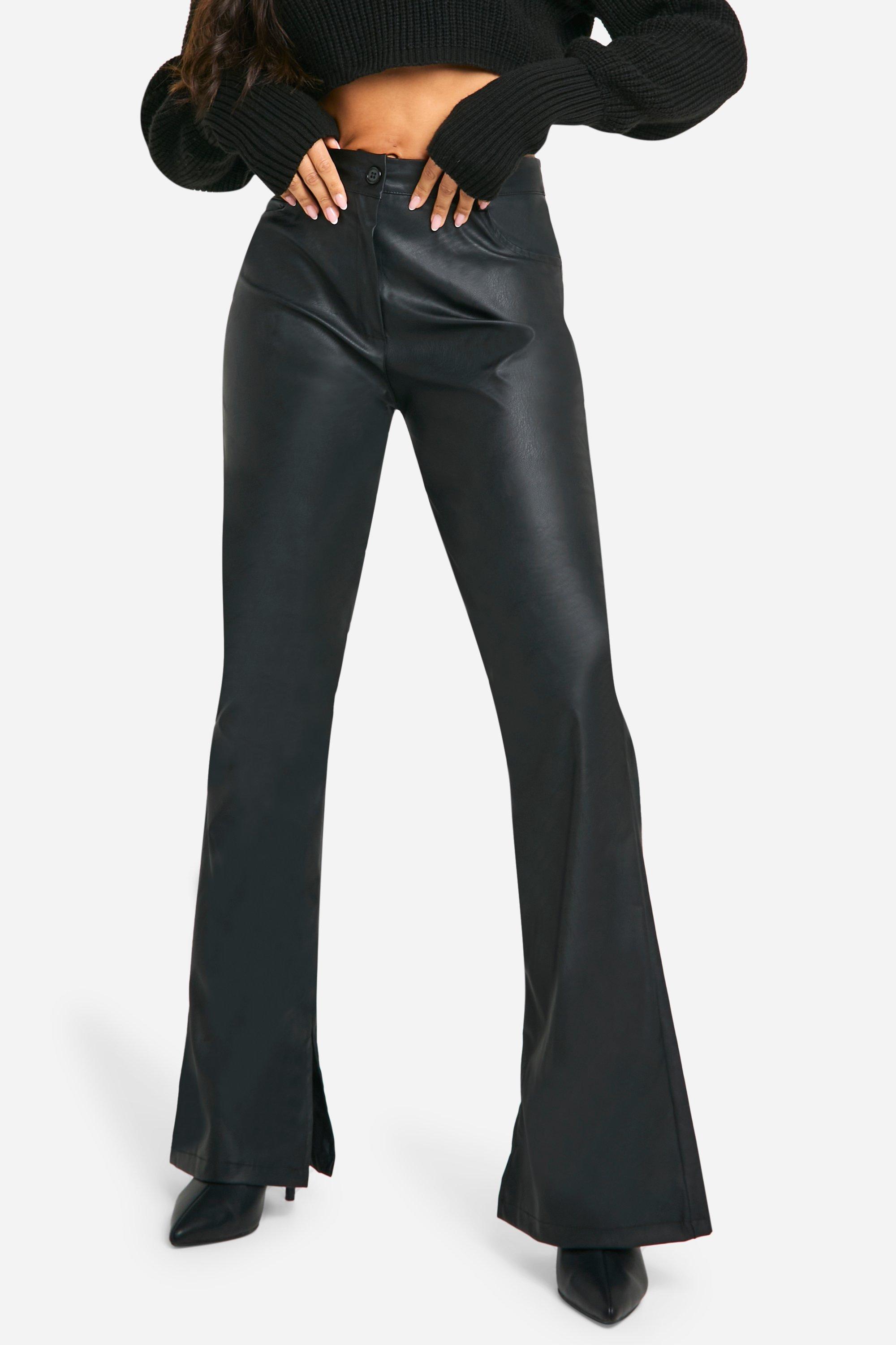 Women's Leather Look Split Hem Straight Fit Trousers