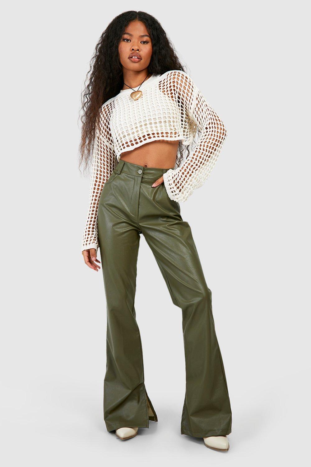 Khaki Vegan Leather Flare Pants  Leather pants outfit, Leather