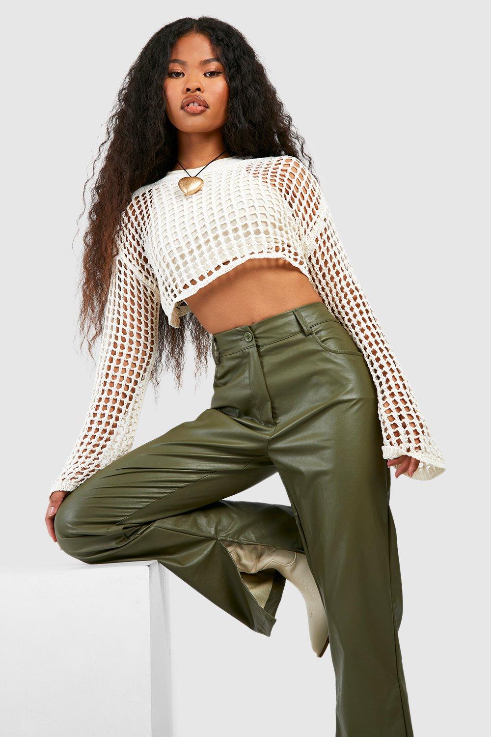 Khaki Faux Leather Split Hem Leggings