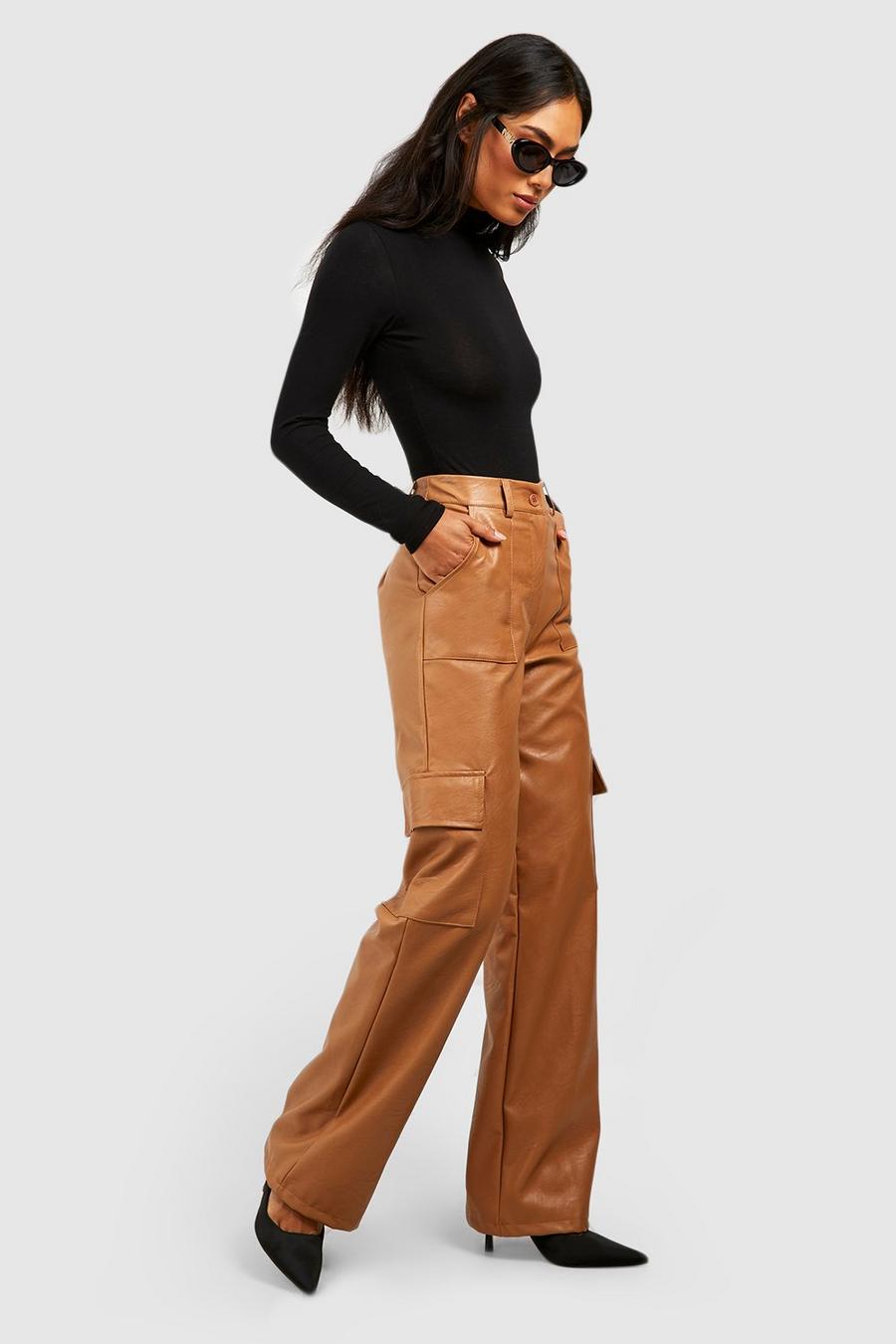 Tan Faux Leather Relaxed Fit Cargo Pants image number 1