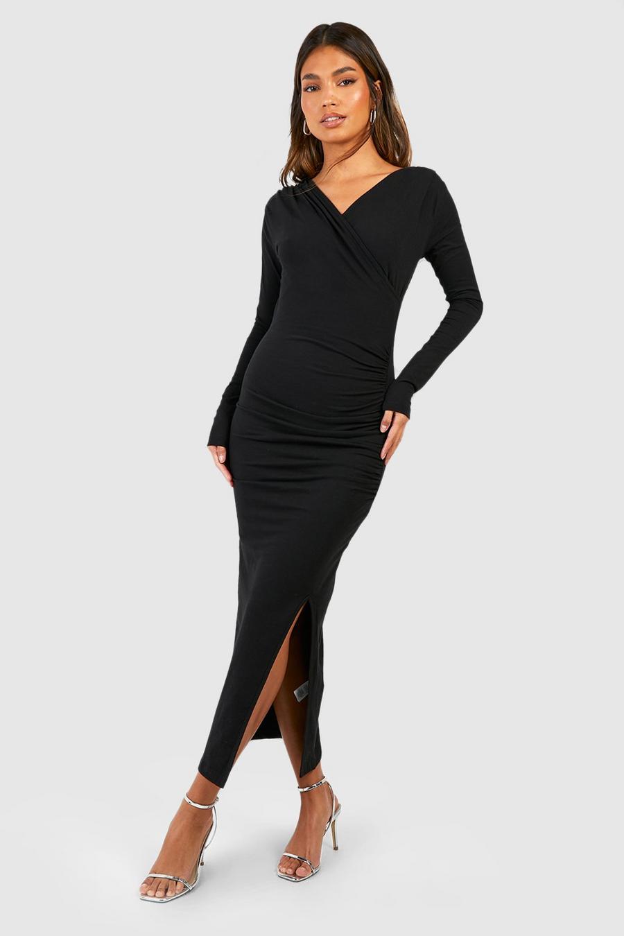 Black Cotton Asymmetric Rouched Midi Dress image number 1